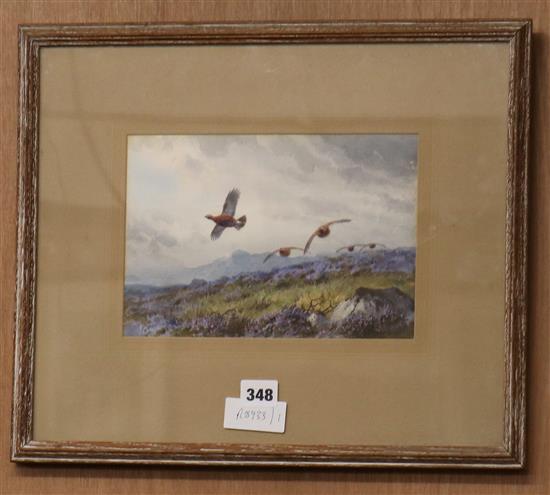 John Charles Harrison (1898-1985), watercolour, Grouse over moorland, signed, 17 x 24cm